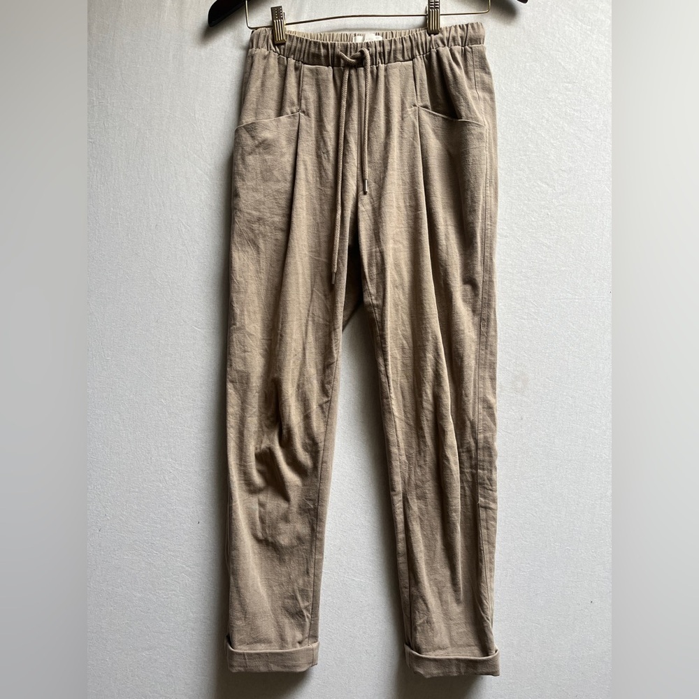 Oak + Fort Cotton Blend Drawstring Tapered Cuffed Pants Tan Brown Women's Sz XS